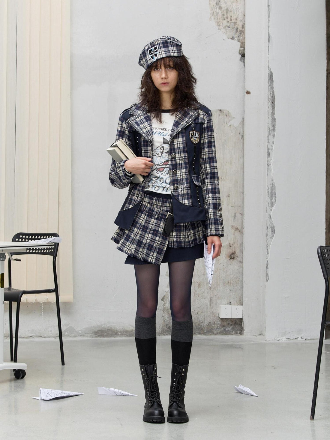 FULLTIDE Plaid Graffiti Asymmetric Pleated Low Waist Women&