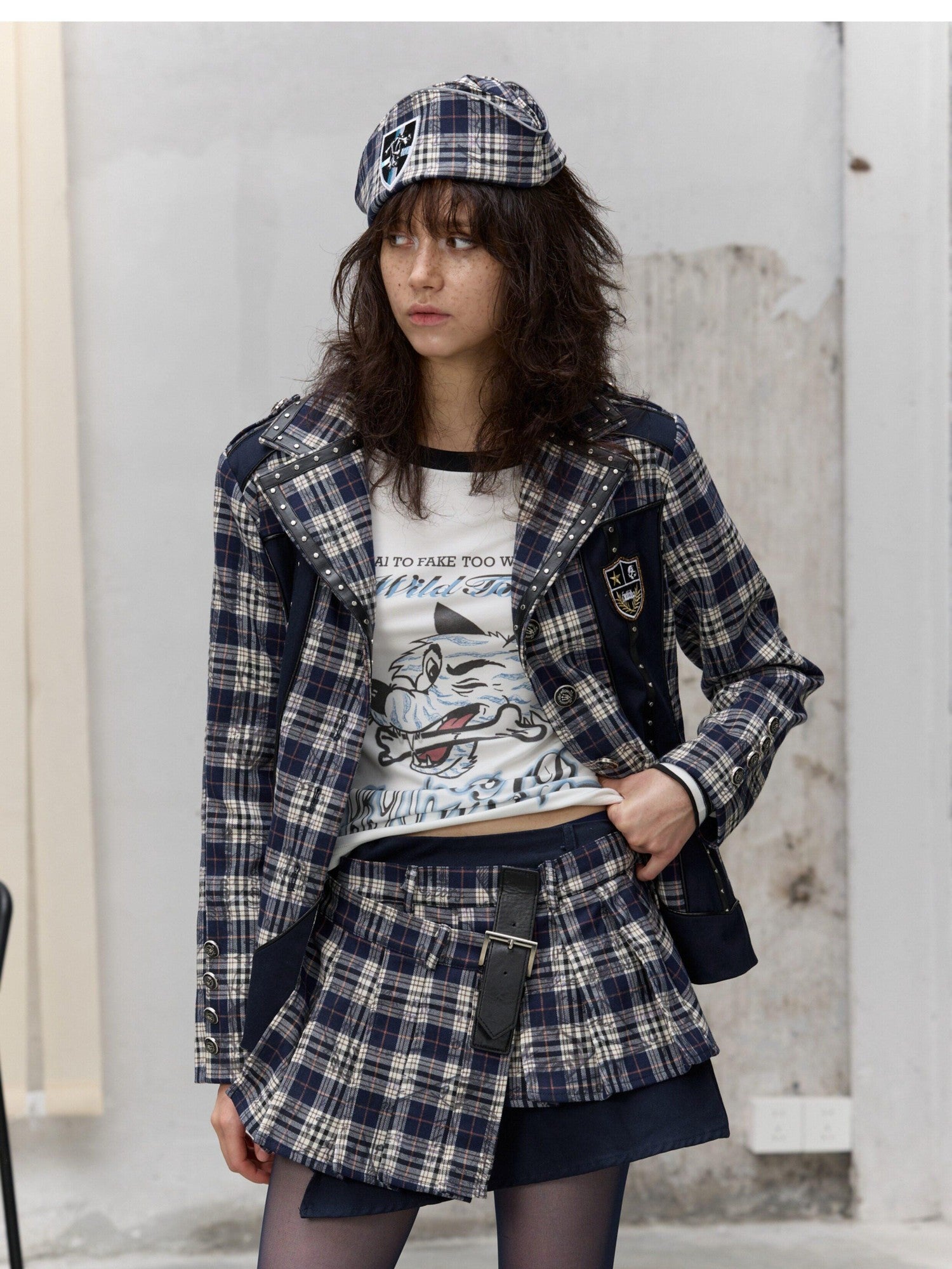 FULLTIDE Plaid Graffiti Asymmetric Pleated Low Waist Women&
