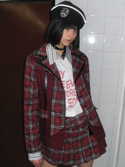 FULLTIDE Plaid Graffiti Asymmetric Pleated Low Waist Women&