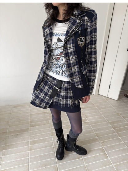 FULLTIDE Plaid Graffiti Asymmetric Pleated Low Waist Women&