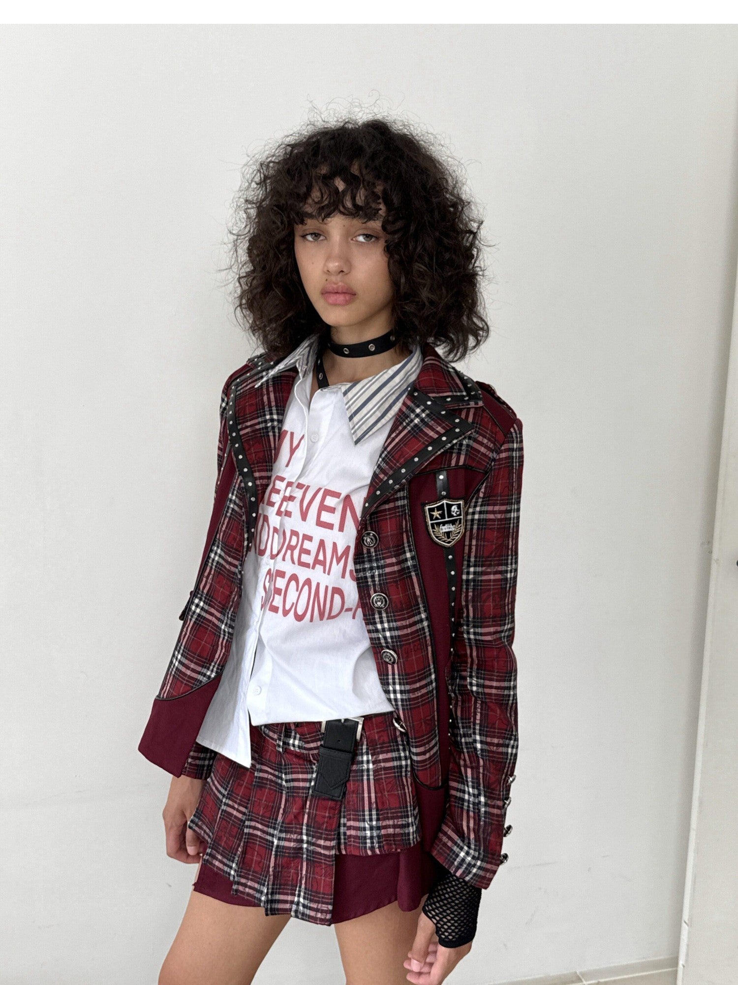 FULLTIDE Plaid Graffiti Asymmetric Pleated Low Waist Women&