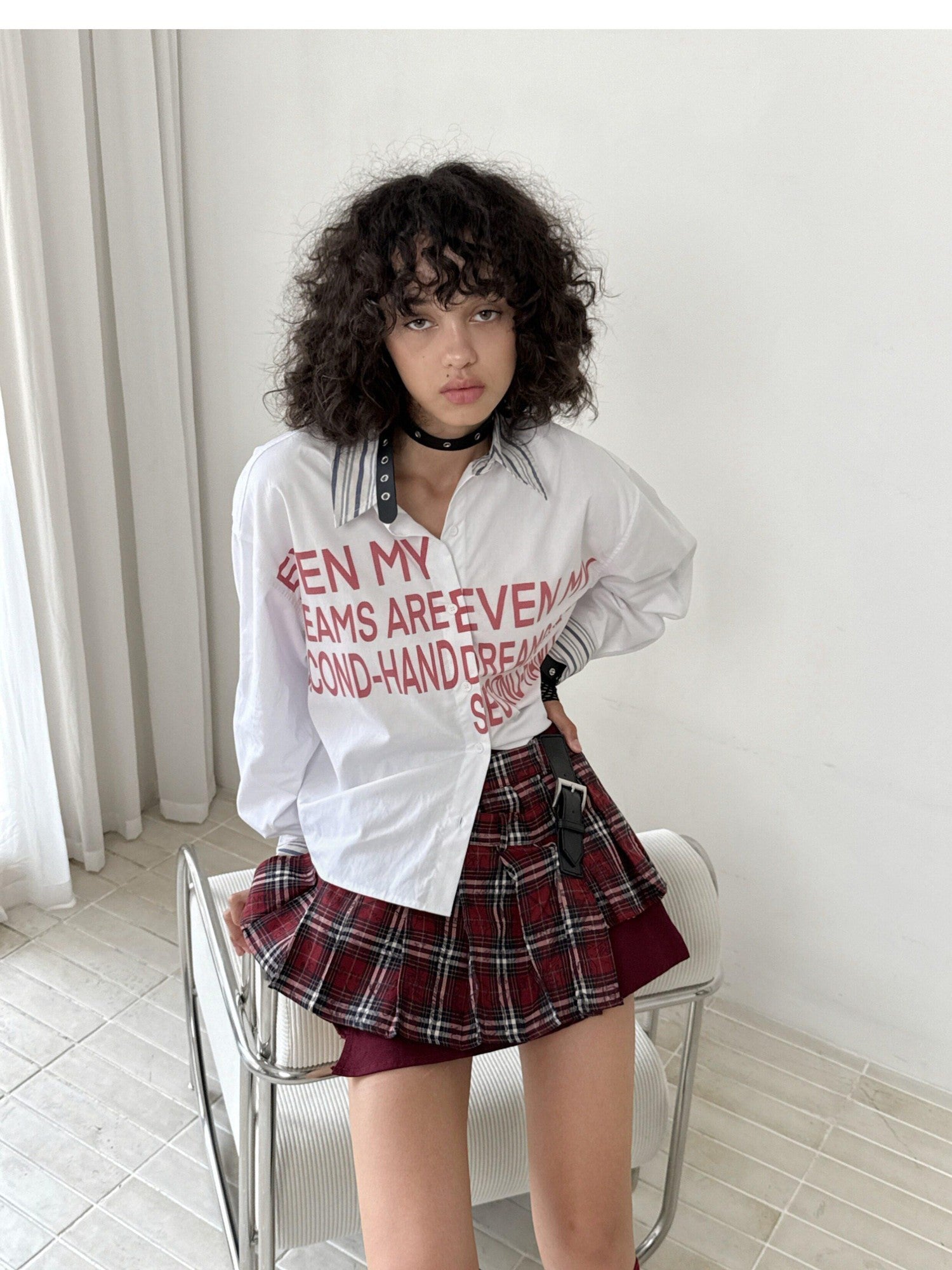 FULLTIDE Plaid Graffiti Asymmetric Pleated Low Waist Women&