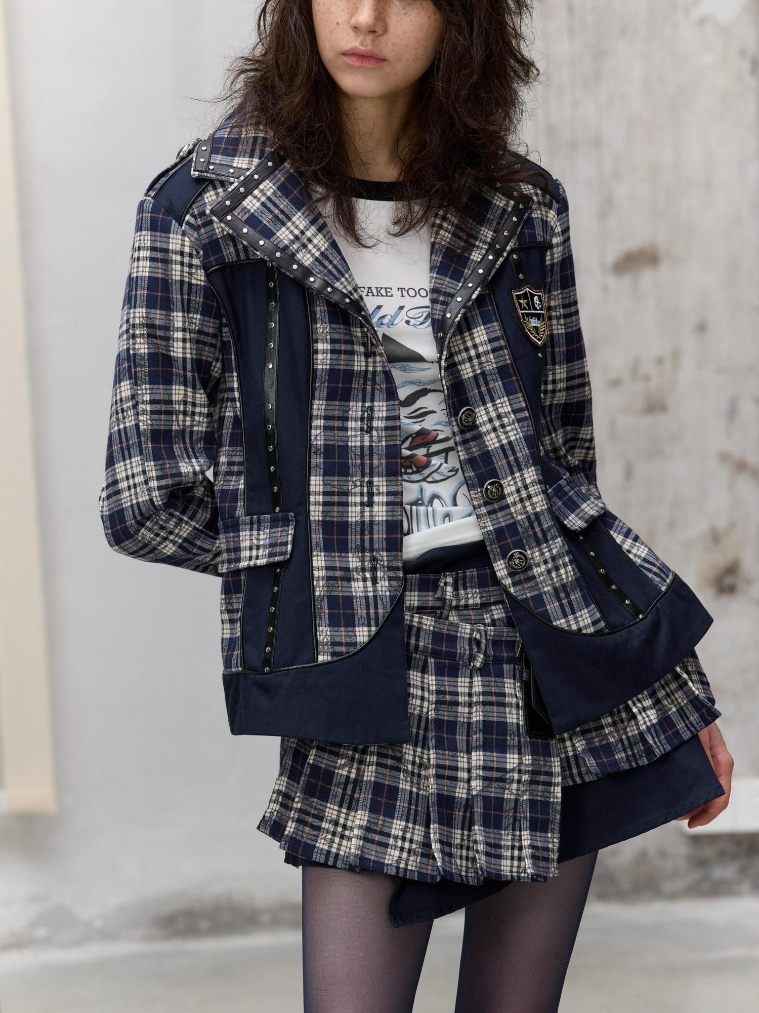 FULLTIDE Plaid Graffiti Asymmetric Pleated Low Waist Women&