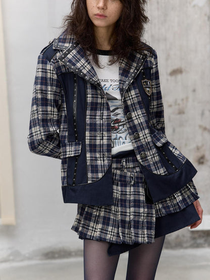 FULLTIDE Plaid Graffiti Asymmetric Pleated Low Waist Women&