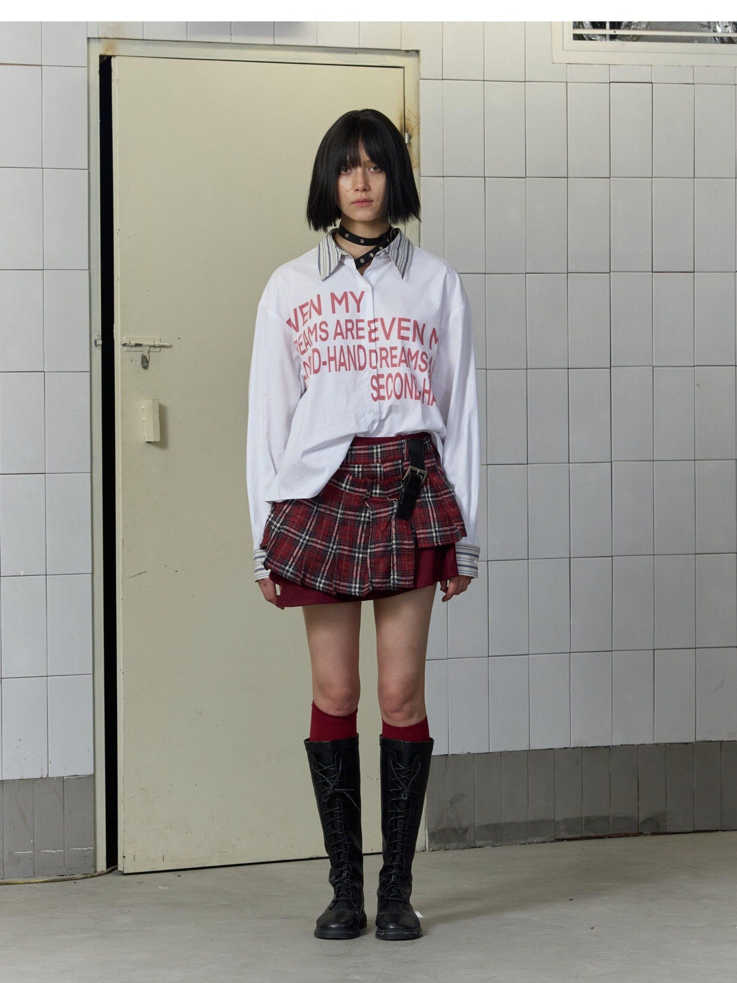 FULLTIDE Plaid Graffiti Asymmetric Pleated Low Waist Women&