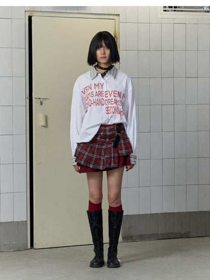 FULLTIDE Plaid Graffiti Asymmetric Pleated Low Waist Women&