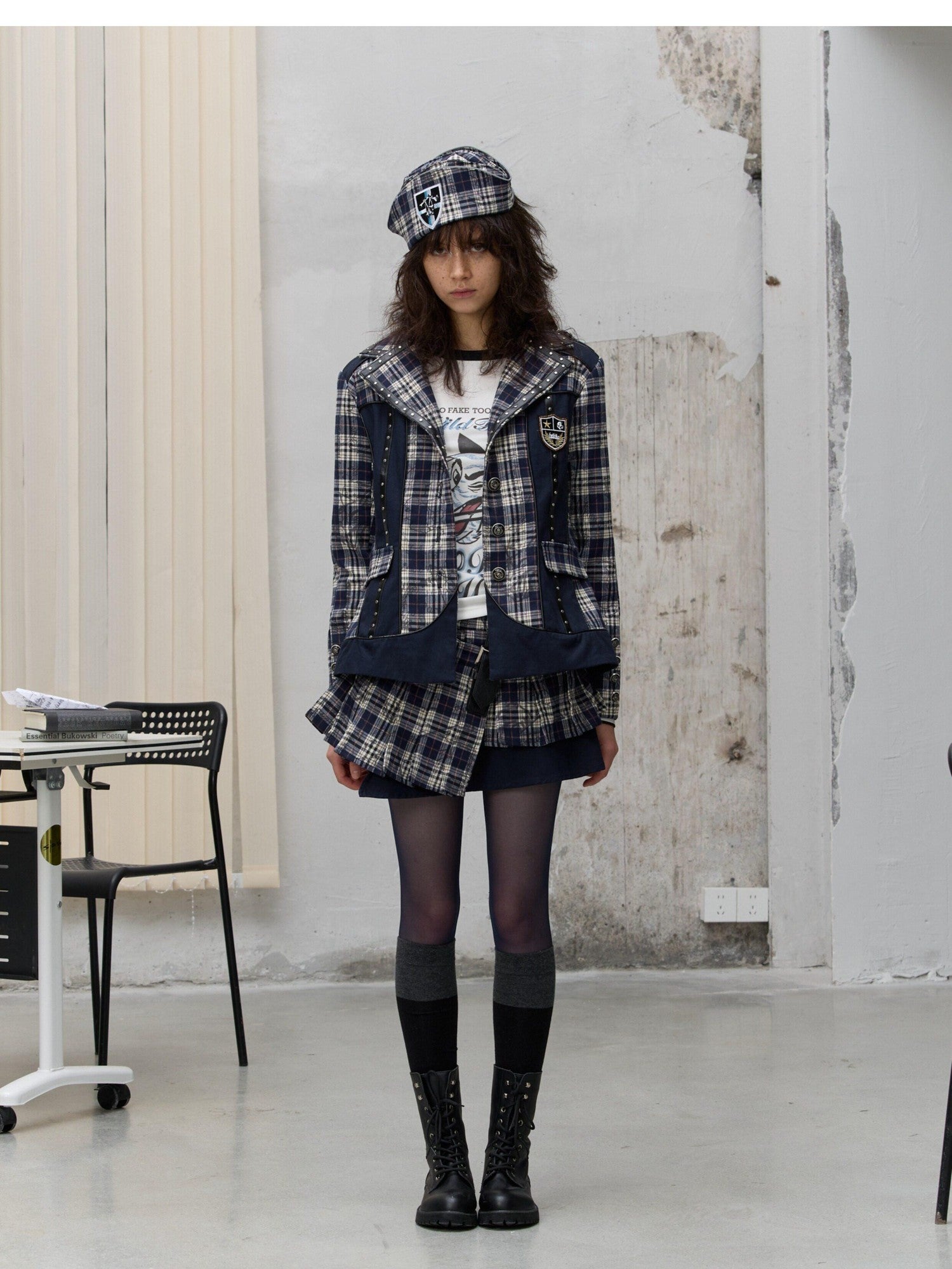 FULLTIDE Plaid Graffiti Asymmetric Pleated Low Waist Women&
