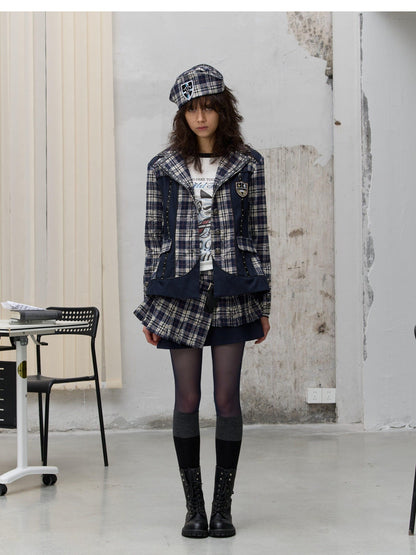 FULLTIDE Plaid Graffiti Asymmetric Pleated Low Waist Women&