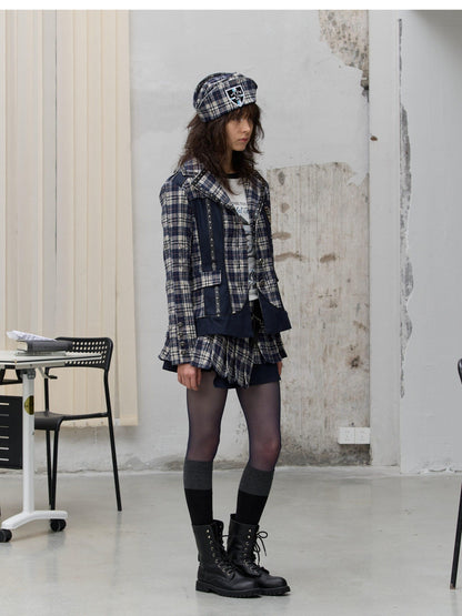 FULLTIDE Plaid Graffiti Asymmetric Pleated Low Waist Women&