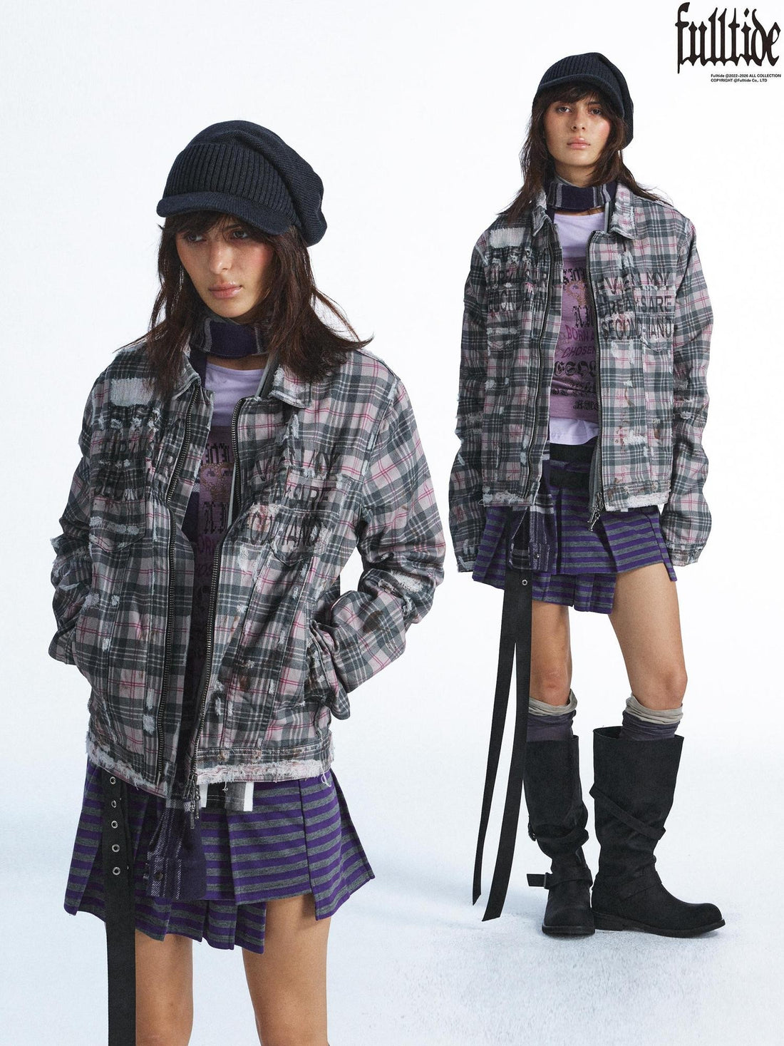 FULLTIDE Plaid Graffiti Print Distressed Frayed Raw Hem Women&