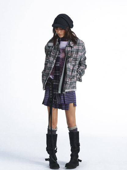 FULLTIDE Plaid Graffiti Print Distressed Frayed Raw Hem Women&