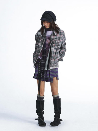 FULLTIDE Plaid Graffiti Print Distressed Frayed Raw Hem Women&