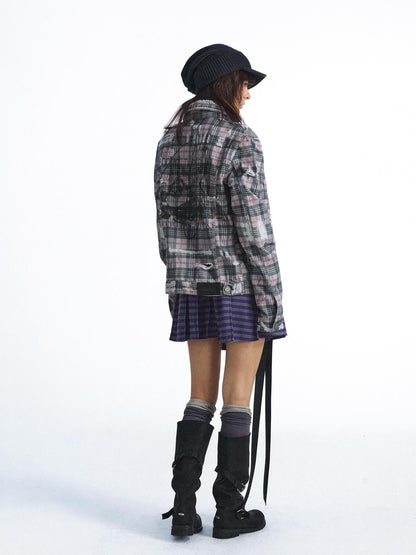 FULLTIDE Plaid Graffiti Print Distressed Frayed Raw Hem Women&