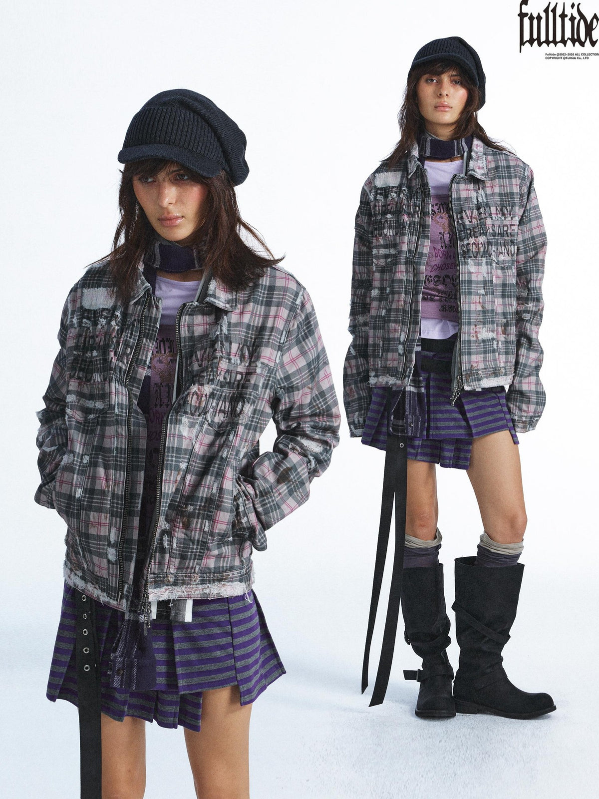 FULLTIDE Plaid Graffiti Print Distressed Frayed Raw Hem Women&