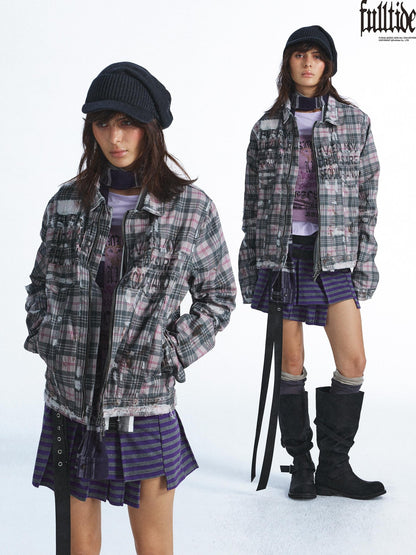 FULLTIDE Plaid Graffiti Print Distressed Frayed Raw Hem Women&