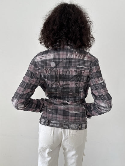 FULLTIDE Plaid Graffiti Print Distressed Frayed Raw Hem Women&