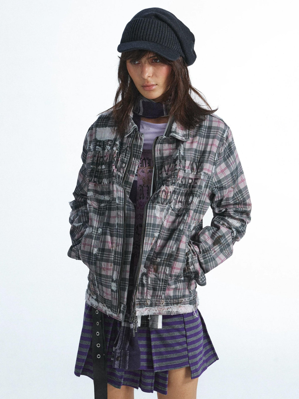 FULLTIDE Plaid Graffiti Print Distressed Frayed Raw Hem Women&
