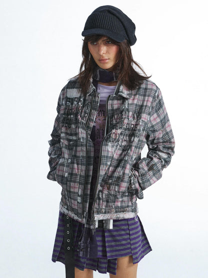 FULLTIDE Plaid Graffiti Print Distressed Frayed Raw Hem Women&