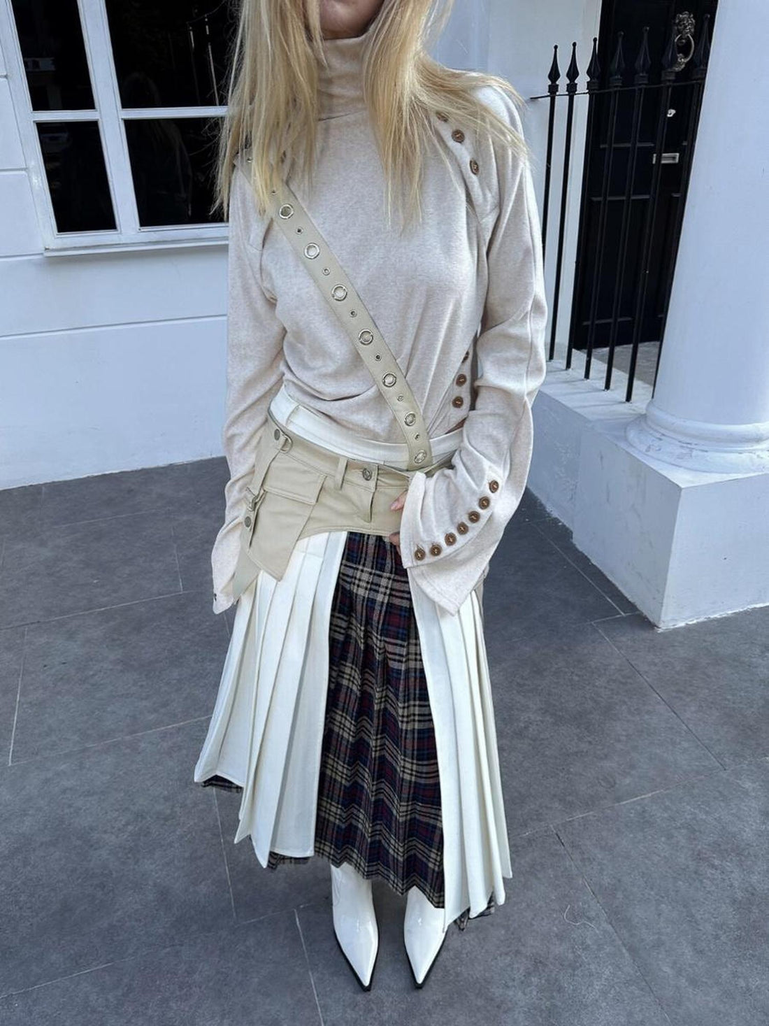 FULLTIDE Pleated A Line Mid Waist Suspenders Women Plaid Poly Cotton Blend Midi Skirt