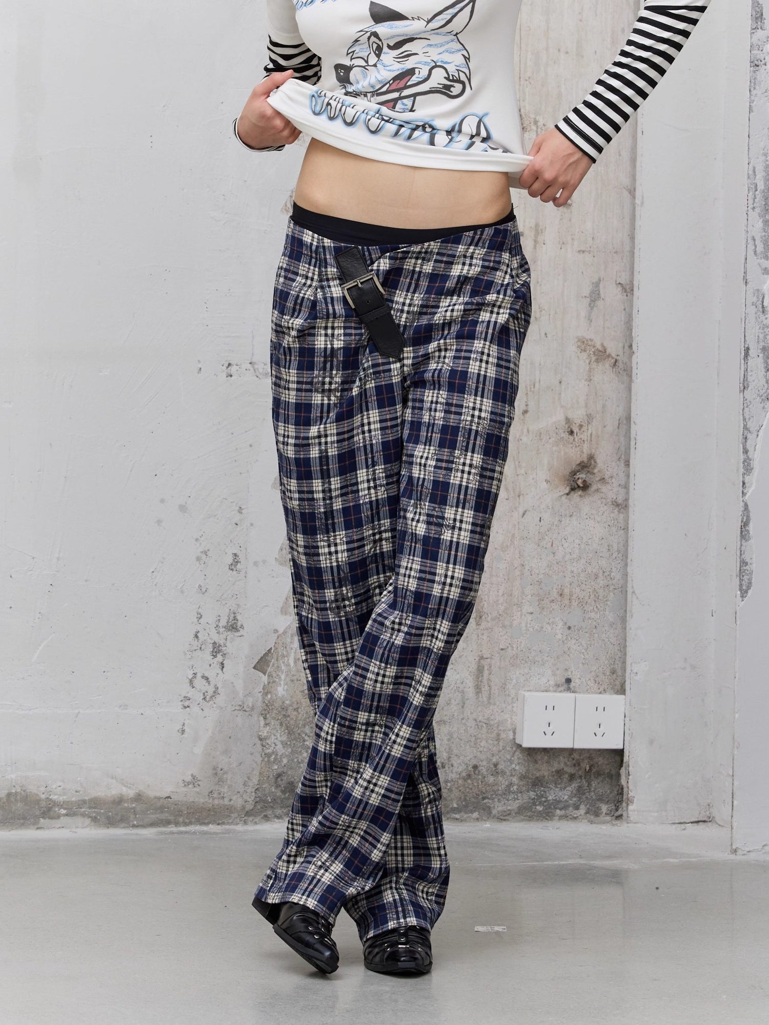 FULLTIDE_Pleated_Blue_Plaid_College_Loose_Fit_Asymmetric_Natural_Waist_Casual_Unisex_Pants_MISSTT