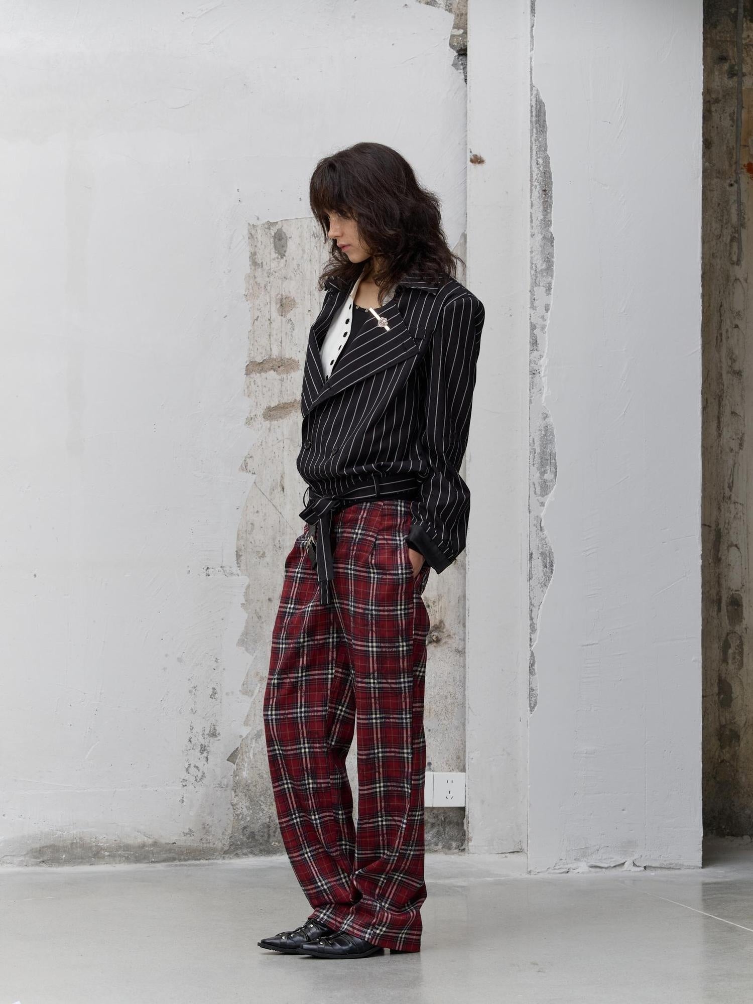 FULLTIDE Pleated Blue Plaid College Loose Fit Asymmetric Natural Waist Casual Unisex Pants
