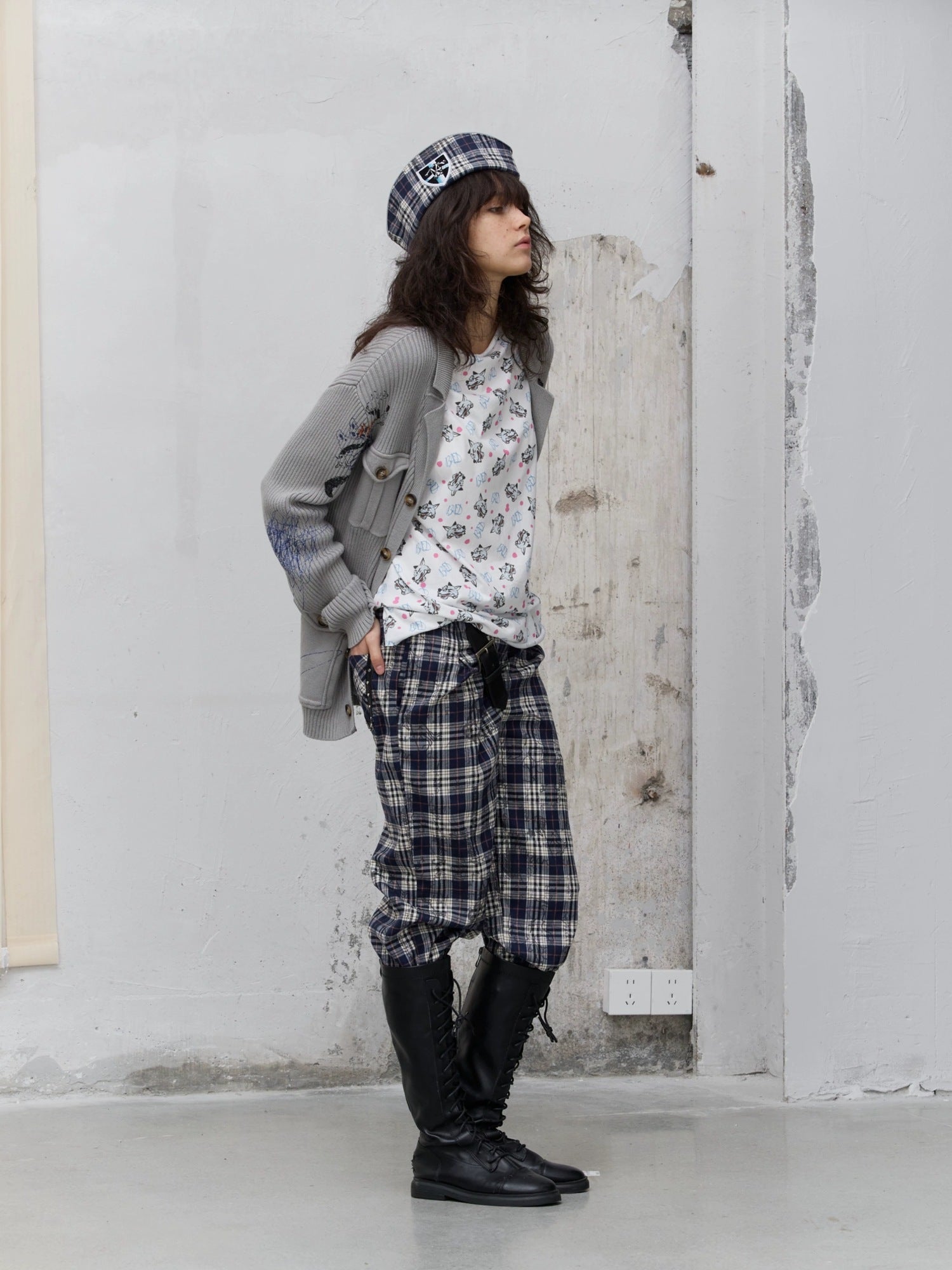 FULLTIDE Pleated Blue Plaid College Loose Fit Asymmetric Natural Waist Casual Unisex Pants