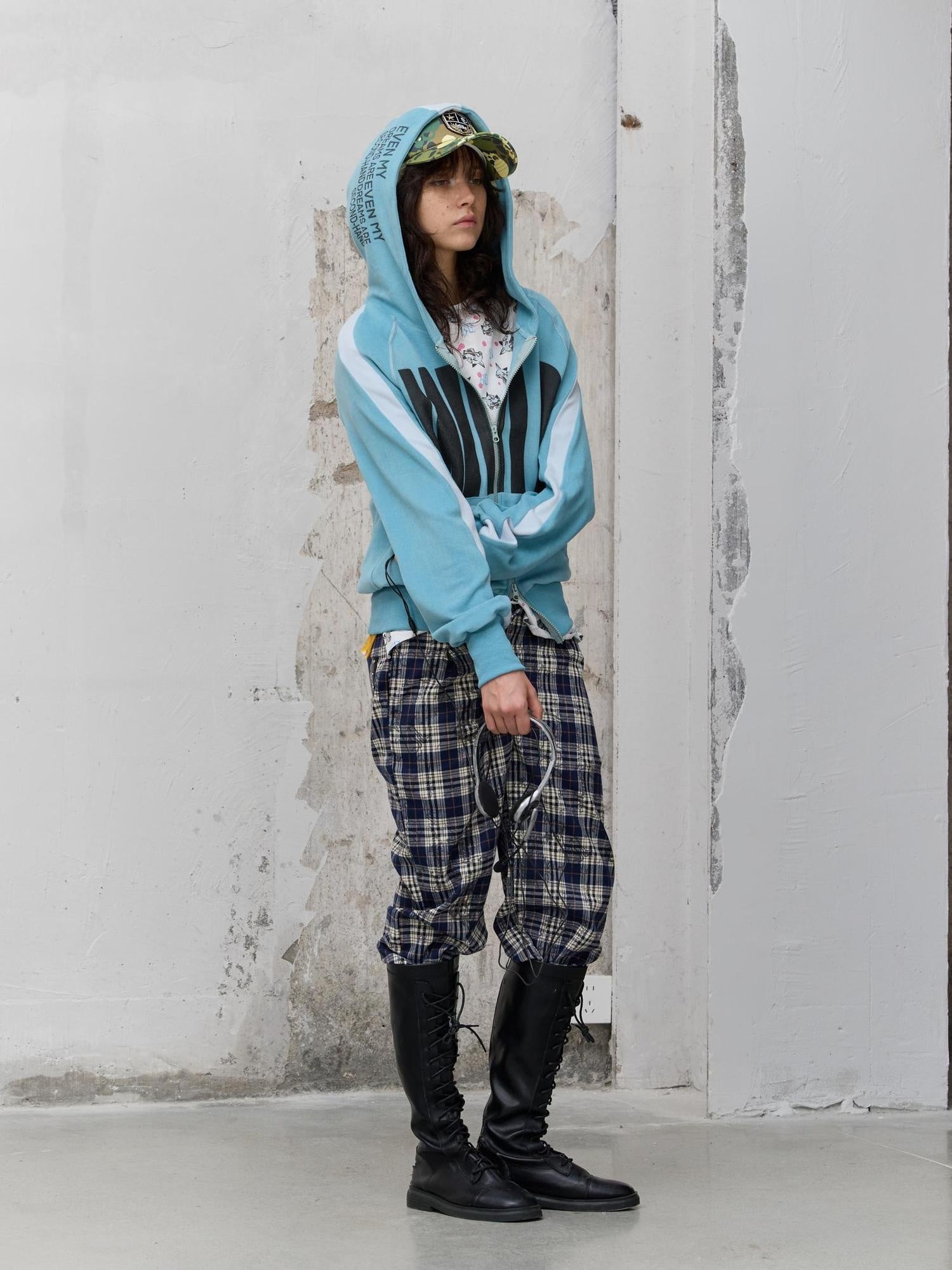 FULLTIDE Pleated Blue Plaid College Loose Fit Asymmetric Natural Waist Casual Unisex Pants