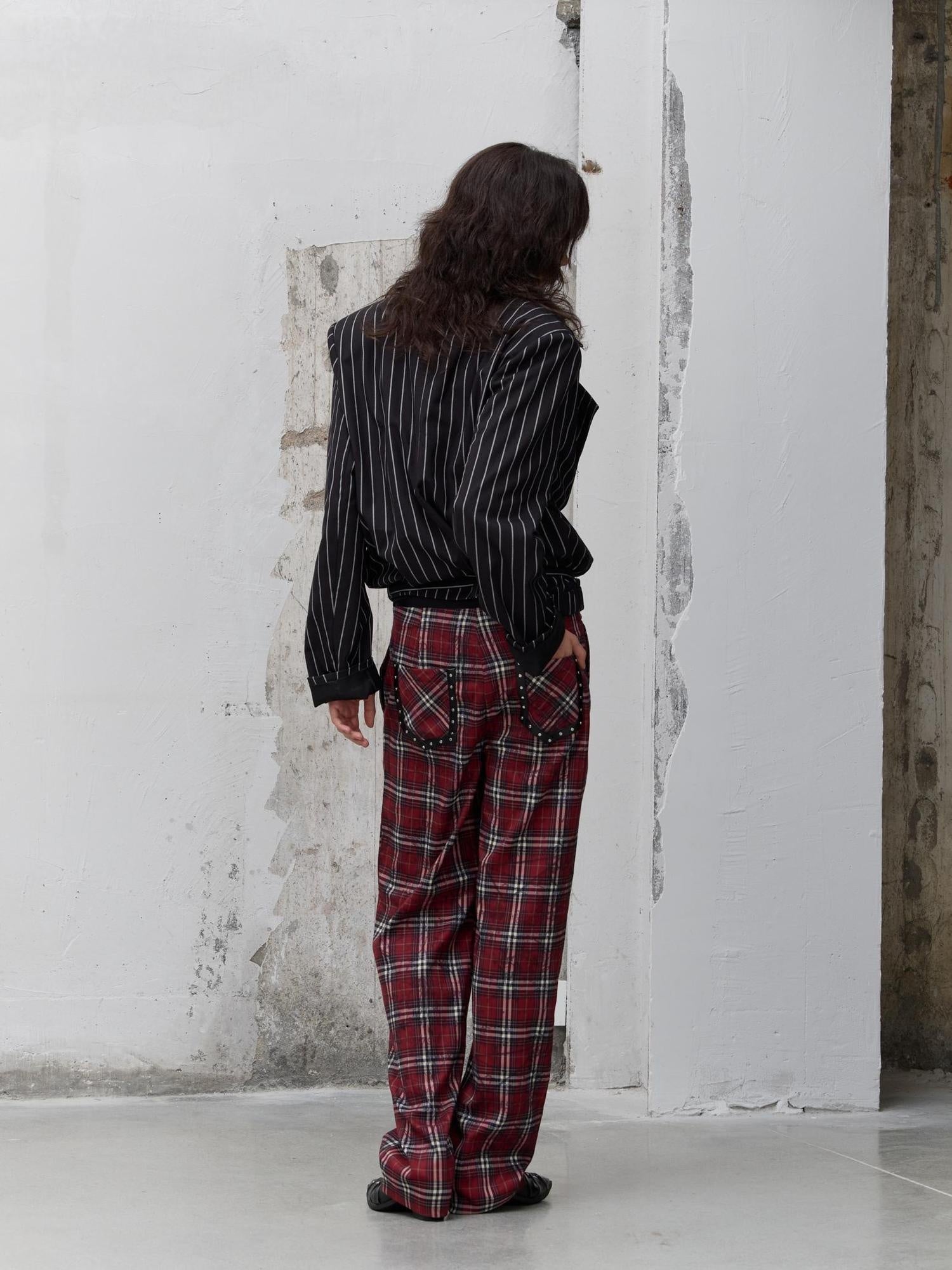 FULLTIDE Pleated Blue Plaid College Loose Fit Asymmetric Natural Waist Casual Unisex Pants