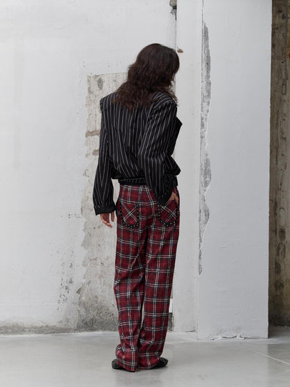 FULLTIDE Pleated Blue Plaid College Loose Fit Asymmetric Natural Waist Casual Unisex Pants