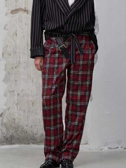 FULLTIDE Pleated Blue Plaid College Loose Fit Asymmetric Natural Waist Casual Unisex Pants