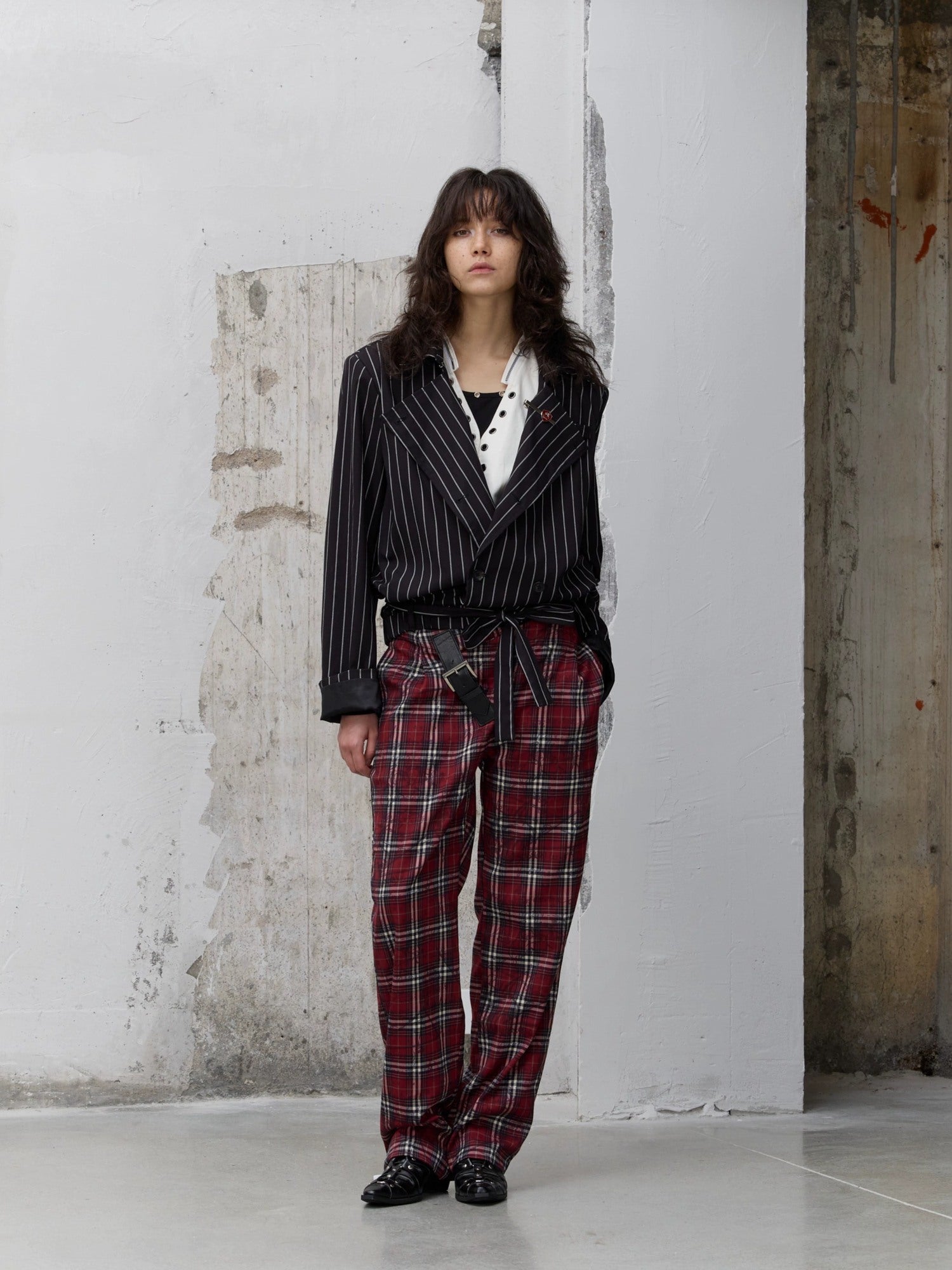 FULLTIDE Pleated Blue Plaid College Loose Fit Asymmetric Natural Waist Casual Unisex Pants