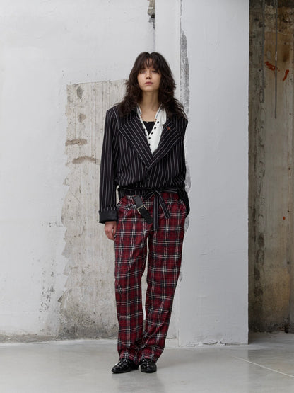 FULLTIDE Pleated Blue Plaid College Loose Fit Asymmetric Natural Waist Casual Unisex Pants