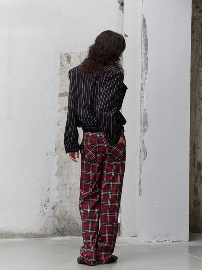 FULLTIDE Pleated Blue Plaid College Loose Fit Asymmetric Natural Waist Casual Unisex Pants