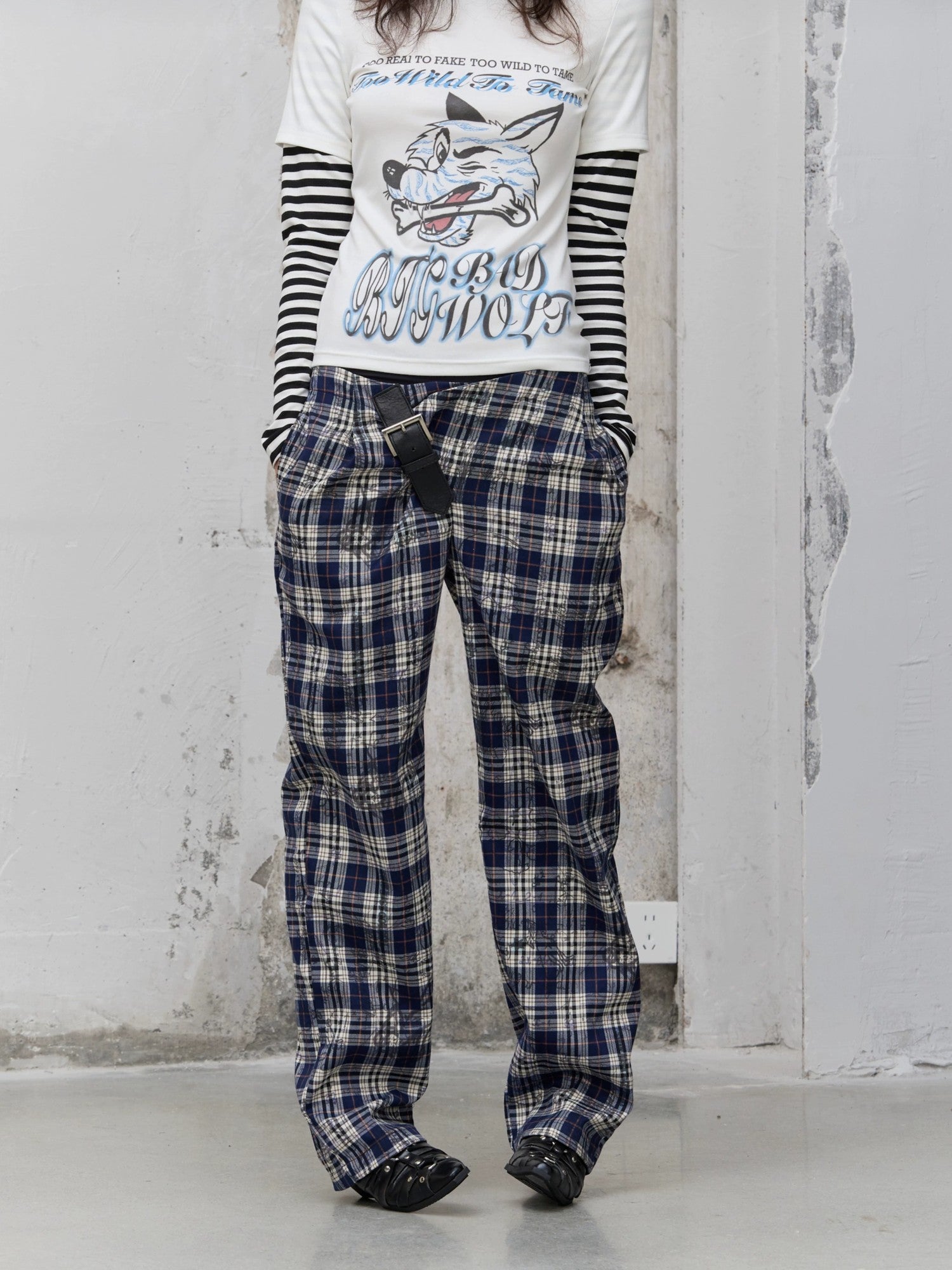 FULLTIDE Pleated Blue Plaid College Loose Fit Asymmetric Natural Waist Casual Unisex Pants