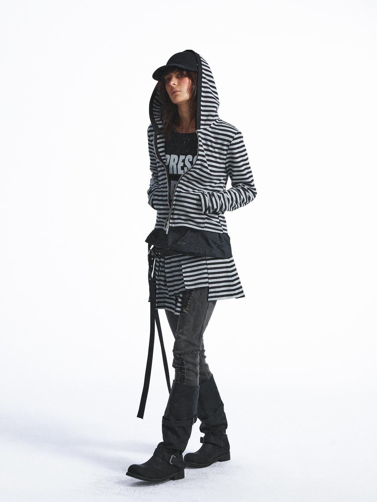 FULLTIDE Pleated Striped Lace Up One Piece Low Waist Cotton Women&