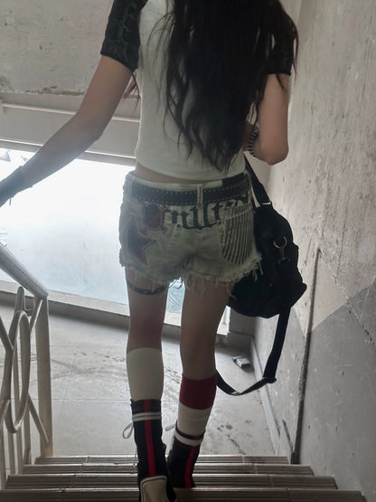 FULLTIDE Printed Cropped Sexy Youth Round Neck Cotton Spandex Women Black Gray T-Shirt