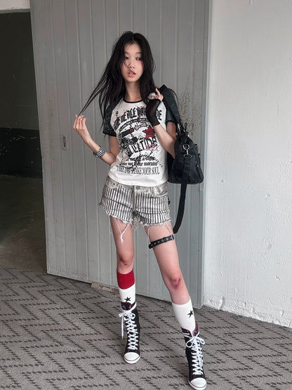 FULLTIDE Printed Cropped Sexy Youth Round Neck Cotton Spandex Women Black Gray T-Shirt