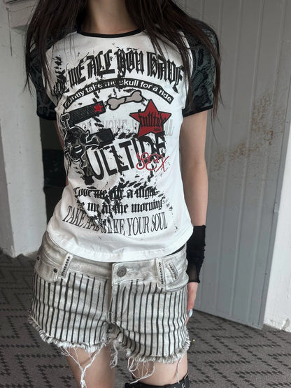 FULLTIDE Printed Cropped Sexy Youth Round Neck Cotton Spandex Women Black Gray T-Shirt