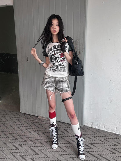 FULLTIDE Printed Cropped Sexy Youth Round Neck Cotton Spandex Women Black Gray T-Shirt