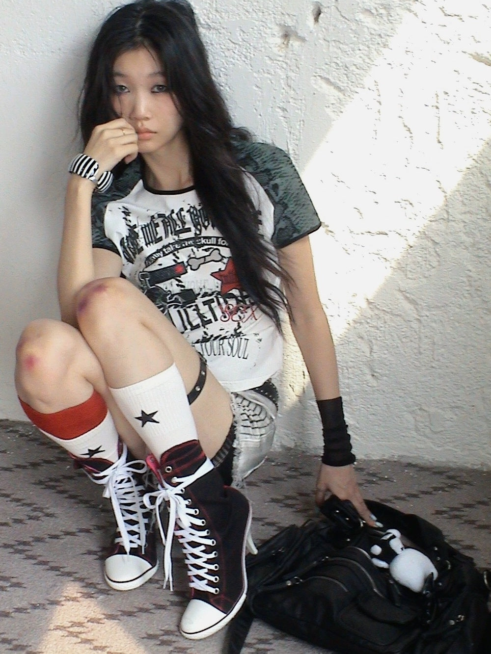 FULLTIDE Printed Cropped Sexy Youth Round Neck Cotton Spandex Women Black Gray T-Shirt