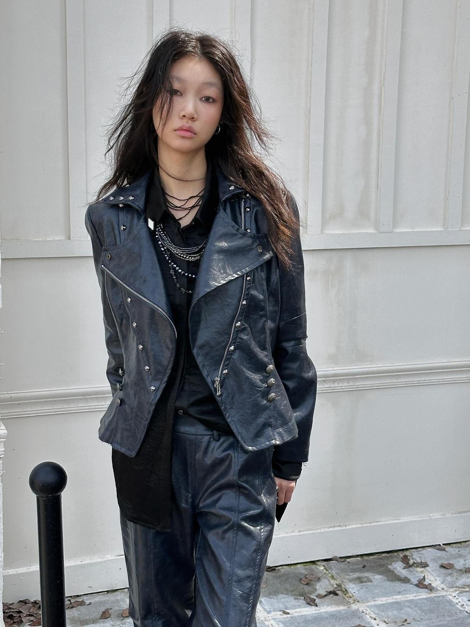 FULLTIDE Pu Leather Cropped Slim Fit Blazer Collar Street Women Burgundy Navy Jacket