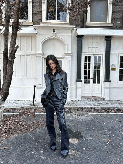 FULLTIDE Pu Leather Cropped Slim Fit Blazer Collar Street Women Burgundy Navy Jacket