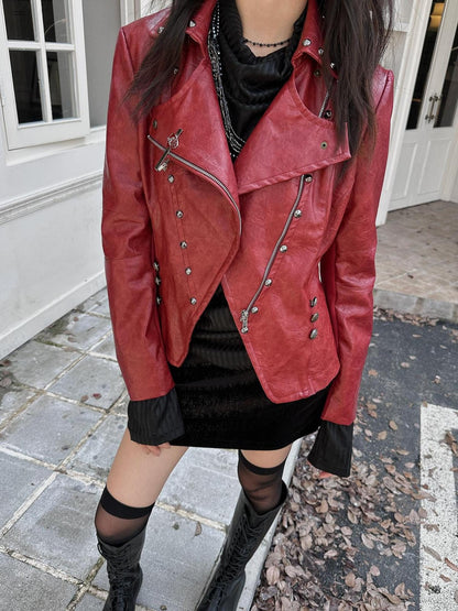 FULLTIDE Pu Leather Cropped Slim Fit Blazer Collar Street Women Burgundy Navy Jacket