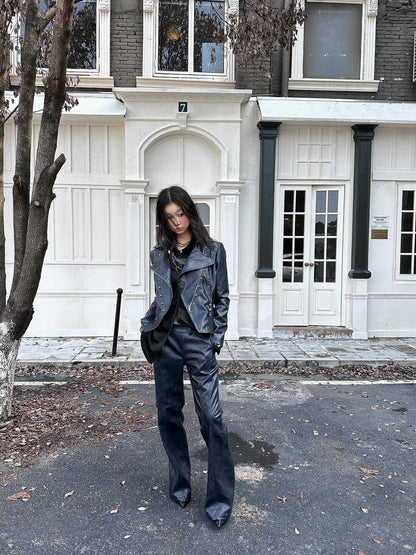 FULLTIDE Pu Leather Cropped Slim Fit Blazer Collar Street Women Burgundy Navy Jacket