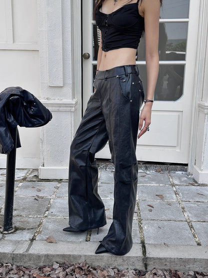 FULLTIDE_Pu_Leather_Micro_Flare_Low_Rise_Original_Design_Navy_Women_Fashion_Pants_MISSTT