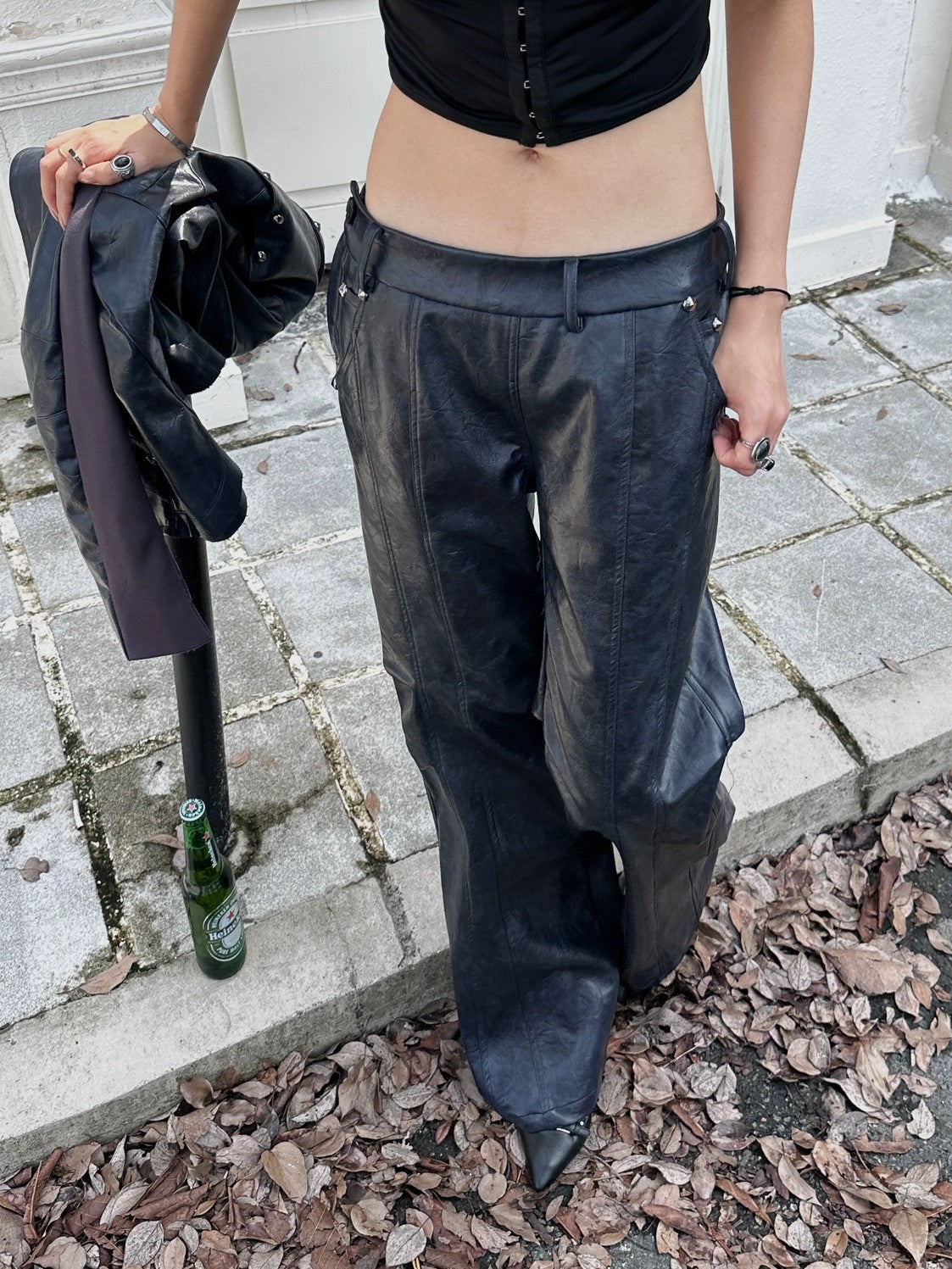 FULLTIDE Pu Leather Micro Flare Low Rise Original Design Navy Women Fashion Pants