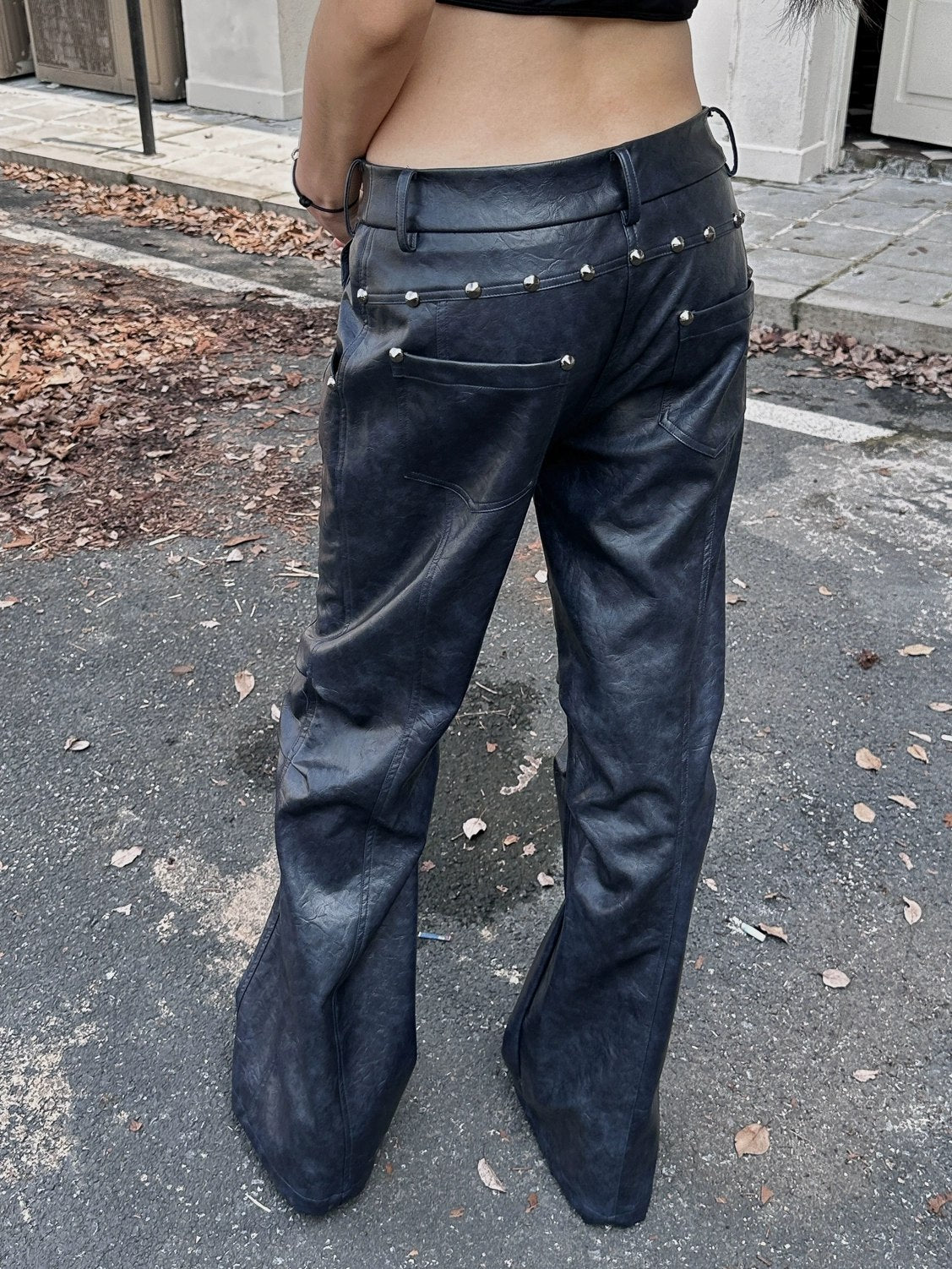 FULLTIDE Pu Leather Micro Flare Low Rise Original Design Navy Women Fashion Pants