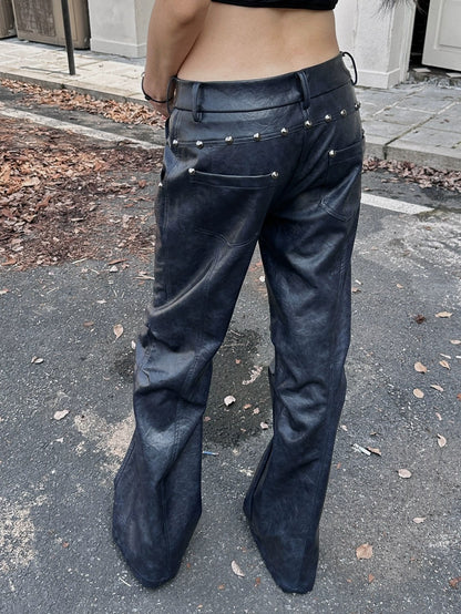 FULLTIDE Pu Leather Micro Flare Low Rise Original Design Navy Women Fashion Pants