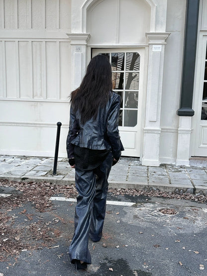 FULLTIDE Pu Leather Micro Flare Low Rise Original Design Navy Women Fashion Pants