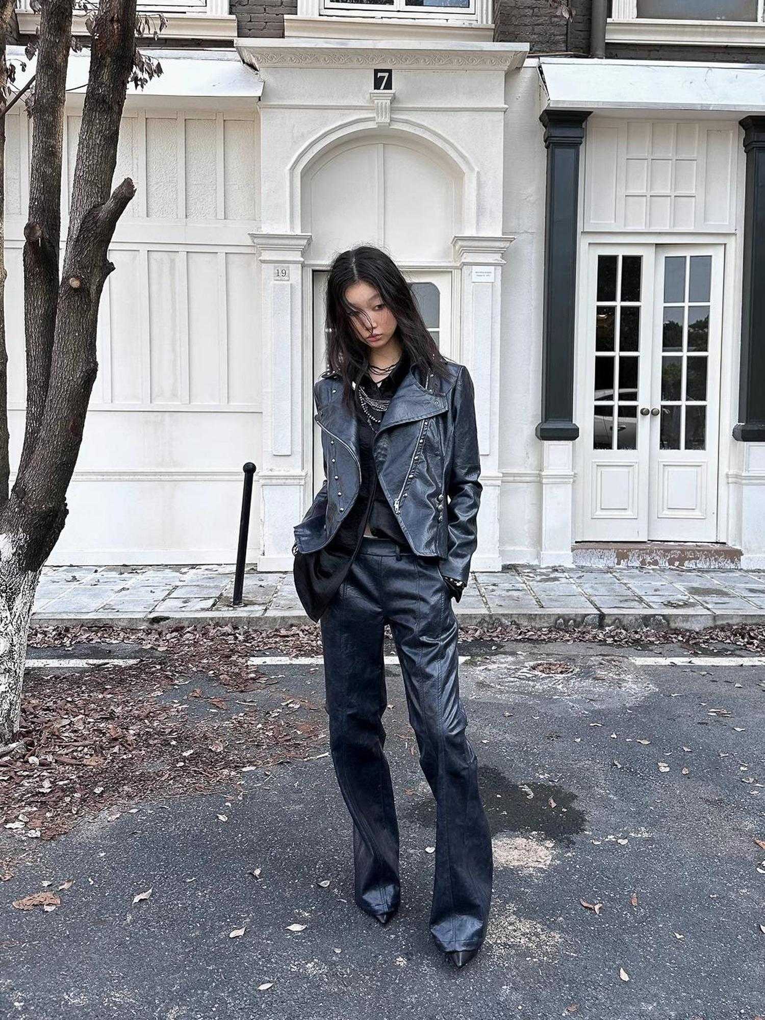 FULLTIDE Pu Leather Micro Flare Low Rise Original Design Navy Women Fashion Pants